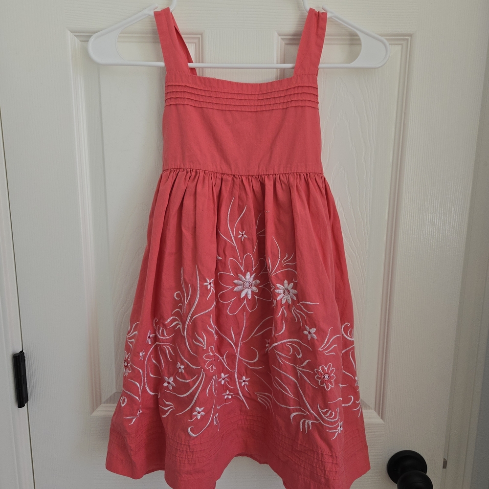 Coral Summer Kids Dress with White Floral Embroidery Sz. 8 Tie Back, Sleeveless